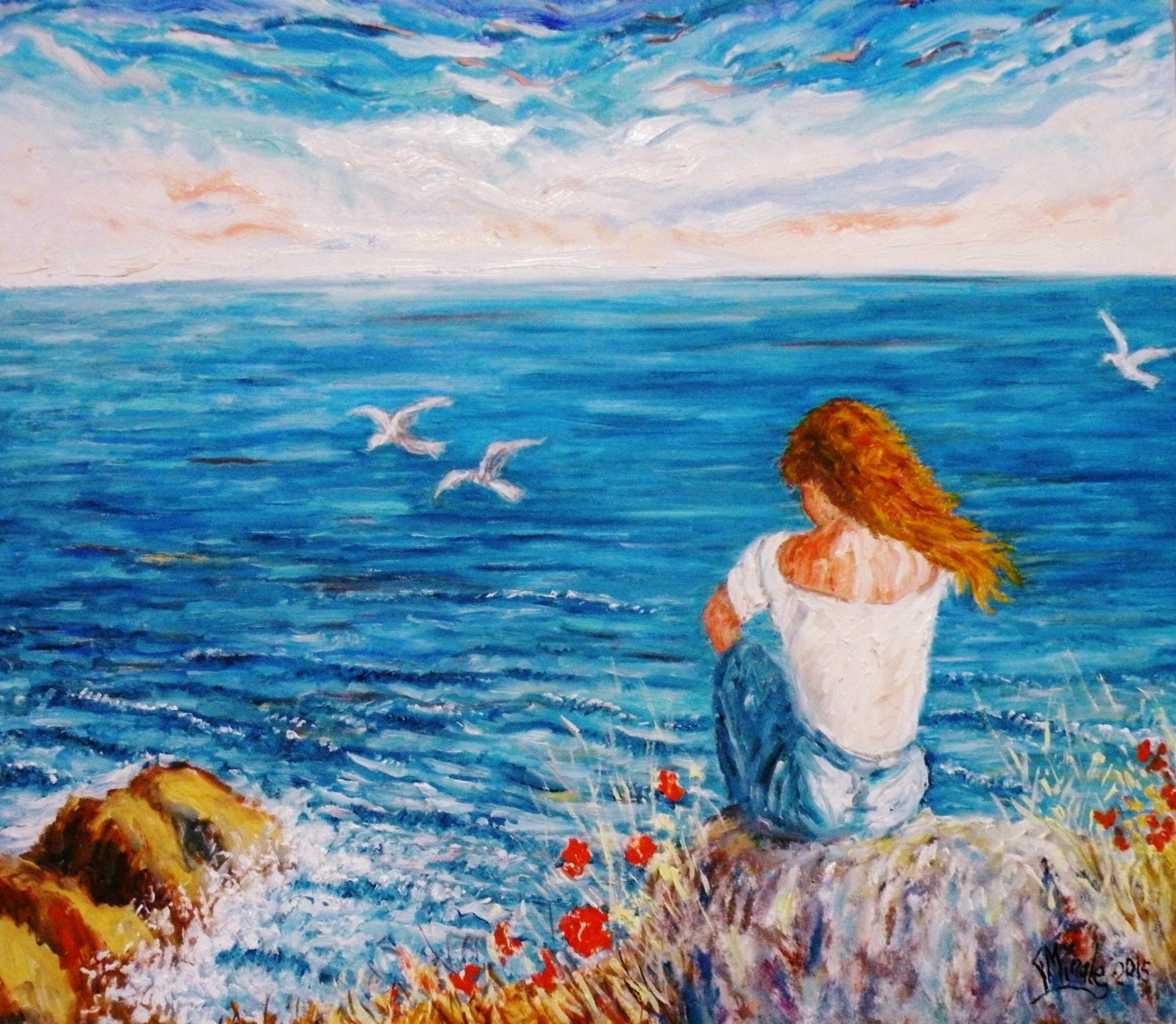 GUARDANDO IL MARE - Olio su tela 80 x 70
