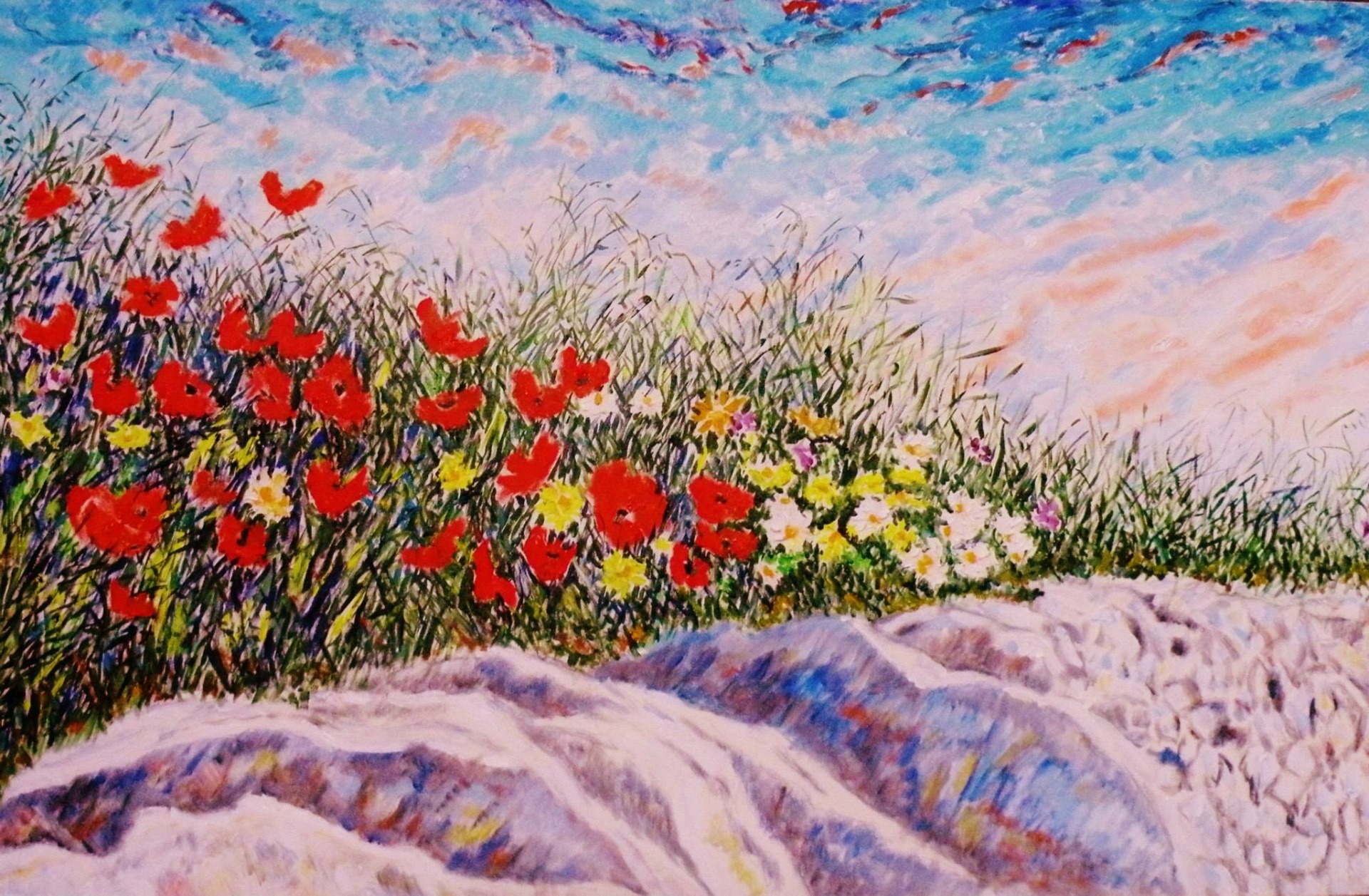 FIORITURA TRA LE PIETRE - Olio su tela 120 x 70