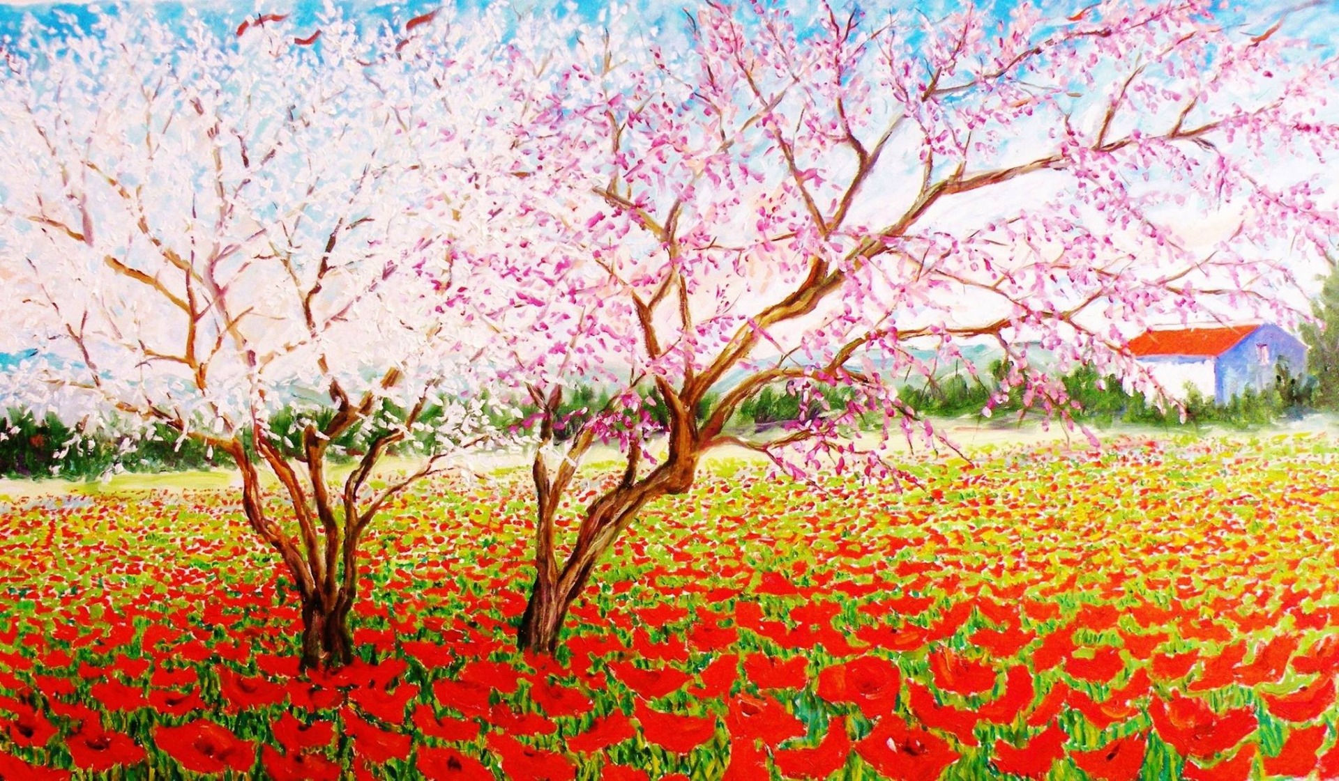 FIORITURA TRA I PAPAVERI - Olio su tela 120 x 70